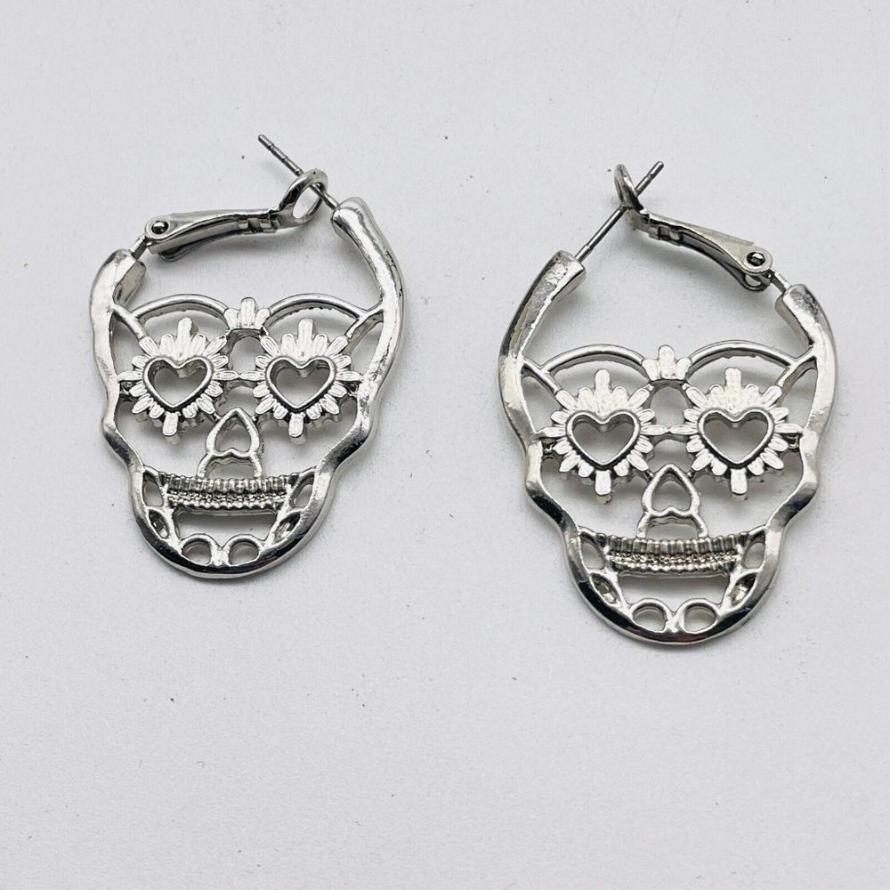Sugar Skulls Outline Earrings Silver Tone Skeleton Halloween Spooky Eerie